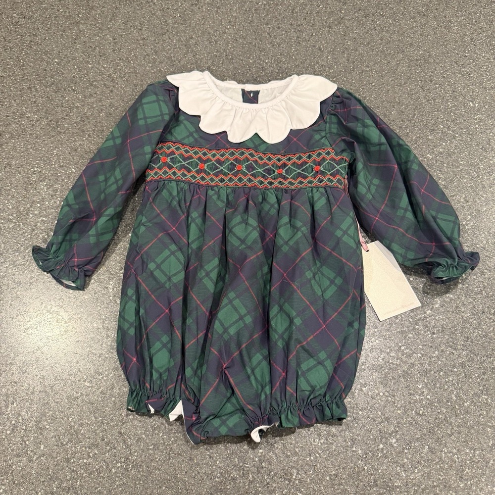 Cecil And Lou Blue Green Plaid Smocked 18 Mo Scalloped Collar